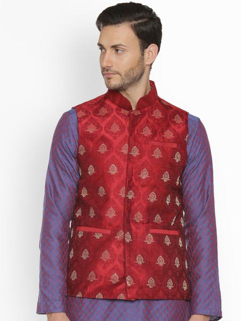

indus route by Pantaloons Maroon Woven Design Nehru Jacket