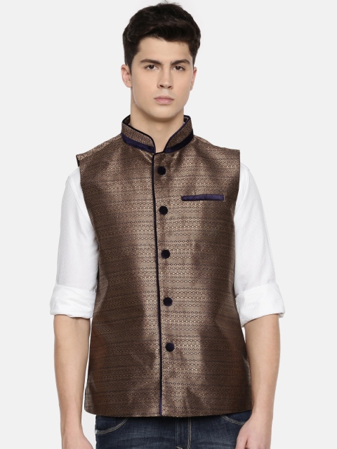 

indus route by Pantaloons Navy & Gold-Toned Woven Design Nehru Jacket, Navy blue