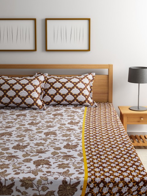 

STELLAR HOME White & Brown Cotton 104 TC Double Bedsheet with 2 Pillow Covers