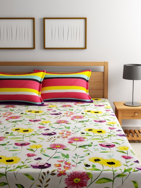 

STELLAR HOME White & Pink Printed Cotton 104 TC Double Bedsheet with 2 Pillow Covers