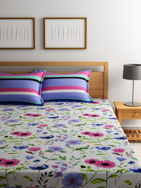 

STELLAR HOME White & Pink Printed Cotton 104 TC Double Bedsheet with 2 Pillow Covers