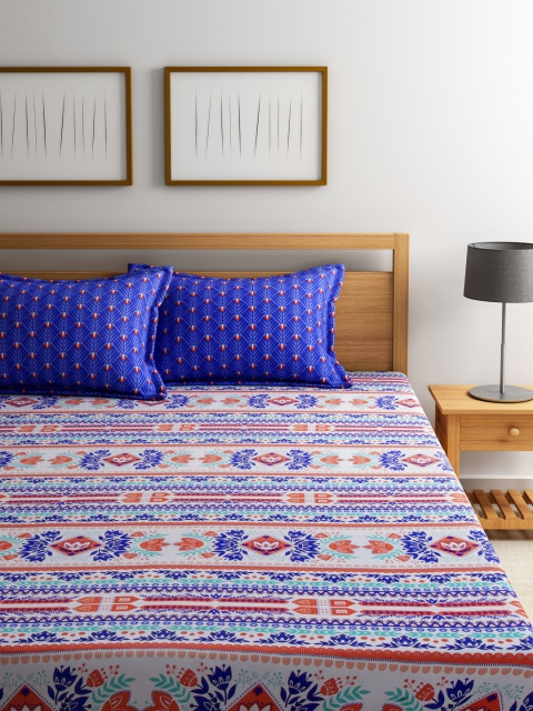

STELLAR HOME White & Blue Prited Cotton 104 TC Double Bedsheet with 2 Pillow Covers