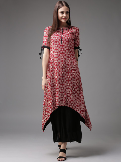 

HERE&NOW Women Red & Beige Printed A-Line Asymmetric Kurta