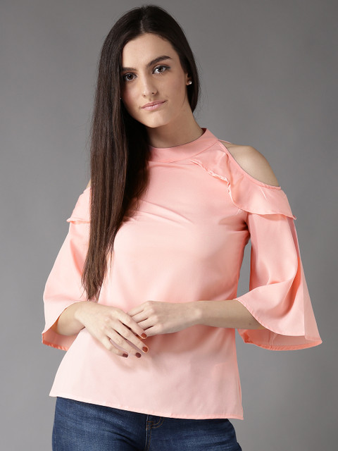 

HERE&NOW Women Peach-Coloured Solid Cold Shoulder A-Line Top