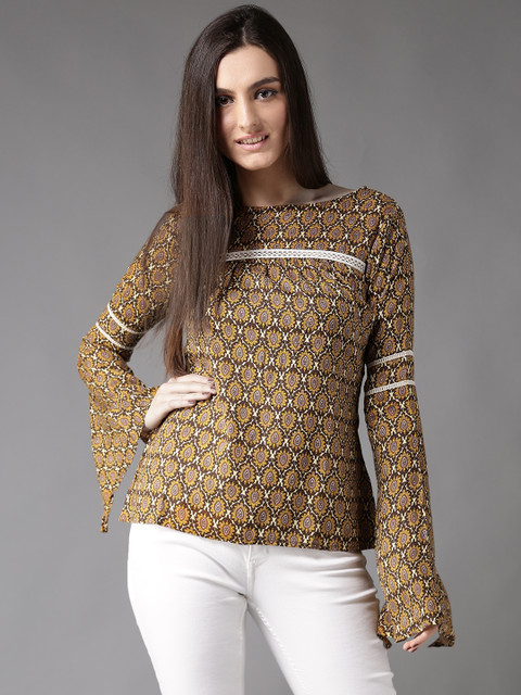 

HERE&NOW Women Brown & Mustard Yellow Printed Top