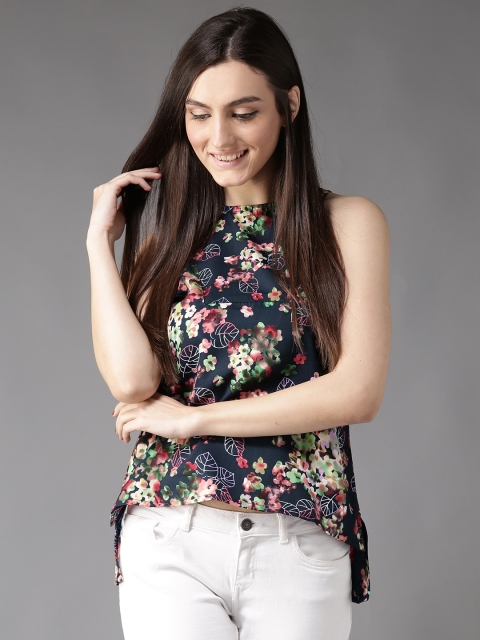 

HERE&NOW Women Navy Floral Print High-Low Top, Navy blue