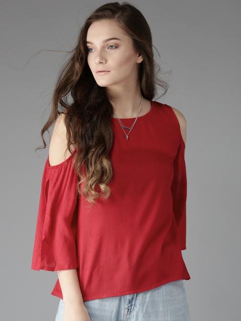 

HERE&NOW Women Red Solid Cold-Shoulder Top