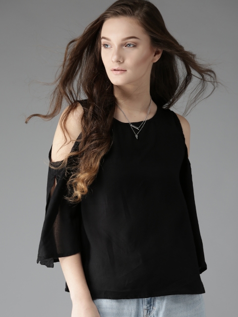 

HERE&NOW Women Black Solid Cold-Shoulder Top