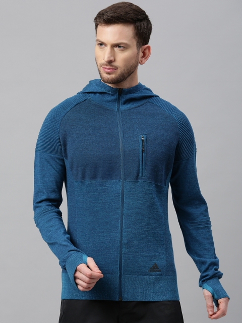 

ADIDAS Men Blue Colourblocked Open Front Hooded CITY Running Jacket