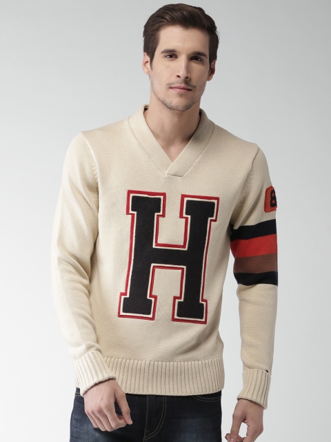 

Tommy Hilfiger Men Cream-Coloured Self Design Pullover