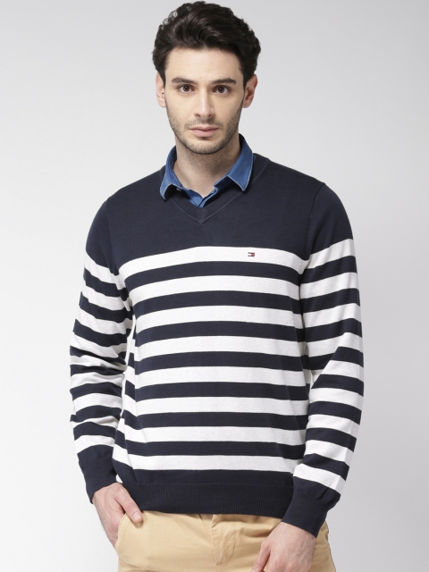 

Tommy Hilfiger Men Navy Blue & White Striped Sweater