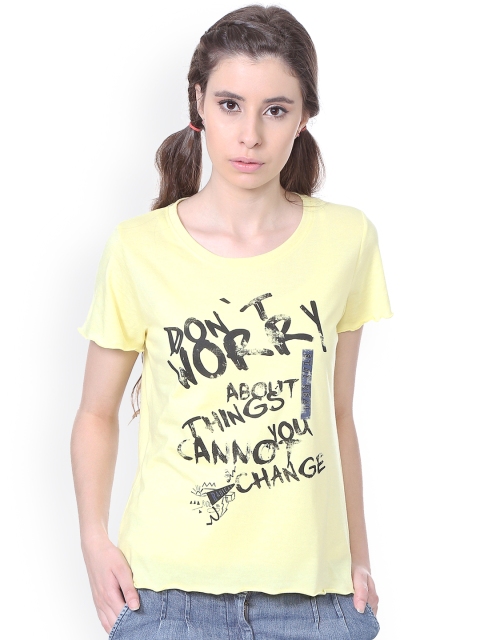

People Women Yellow Printed Round Neck T-shirt