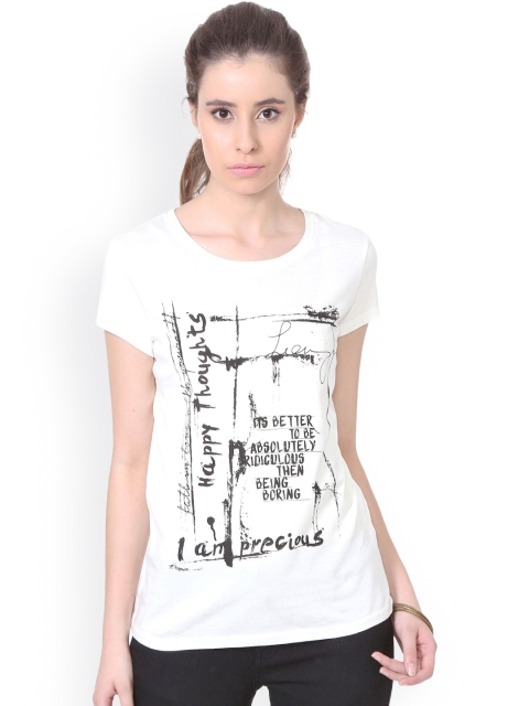 

People Women White Printed Round Neck T-shirt