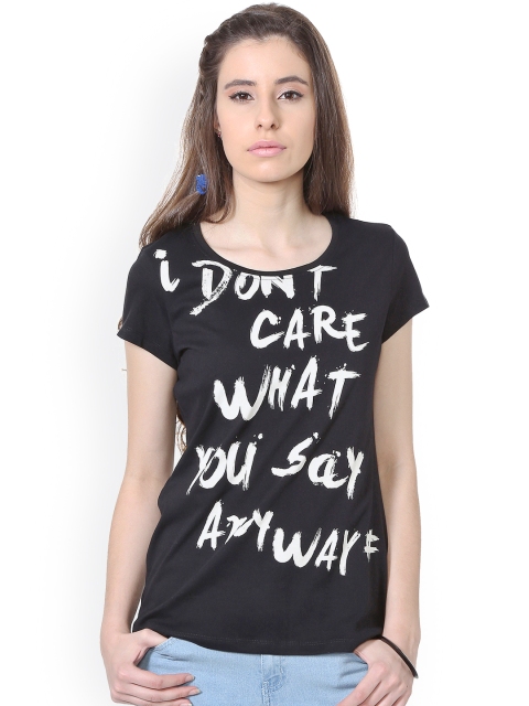 

People Women Black Printed Round Neck T-shirt