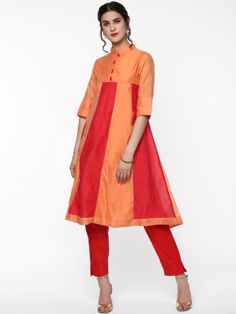 

SASSAFRAS Women Peach-Coloured & Pink Colourblocked A-Line Kurta