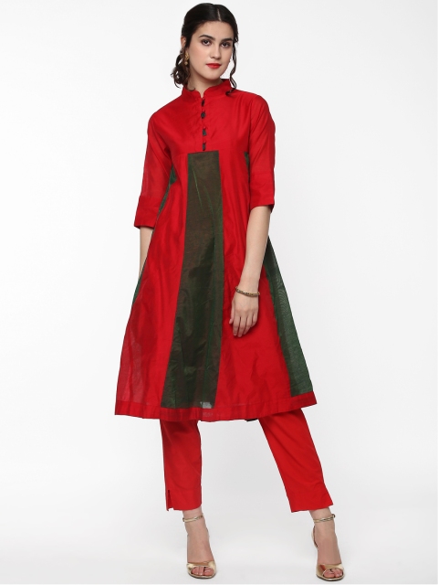 

SASSAFRAS Women Red & Green Colourblocked A-Line Kurta