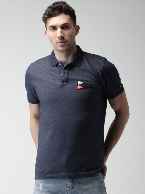 

Tommy Hilfiger Men Navy Self-Design Polo T-shirt, Navy blue