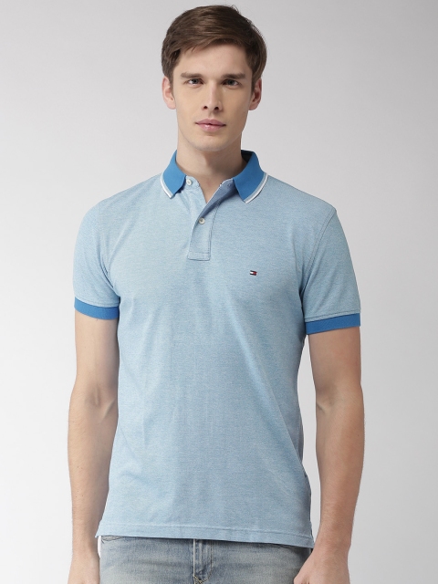 

Tommy Hilfiger Men Blue Self Design Polo Collar T-shirt