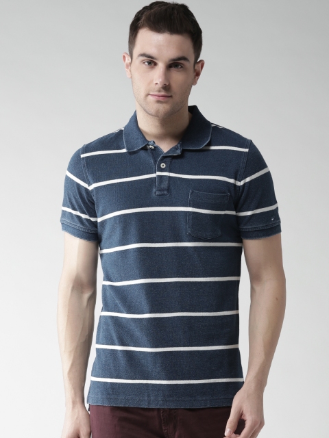 

Tommy Hilfiger Men Blue & White Striped Slim Fit Polo T-shirt