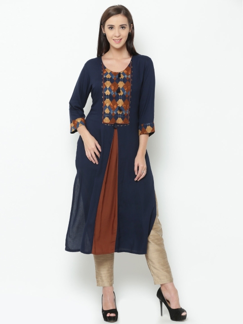 

Shree Women Navy Printed Straight Kurta, Navy blue