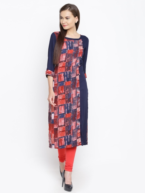 

Shree Women Navy & Red Printed Straight Kurta, Navy blue