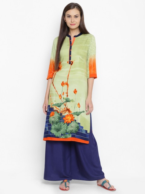 

Shree Women Green & Orange Printed Straight Kurta