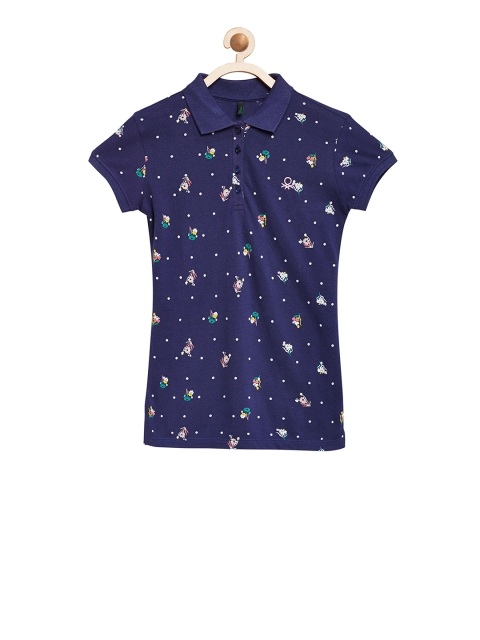 

United Colors of Benetton Girls Navy Blue Printed Polo Collar T-shirt