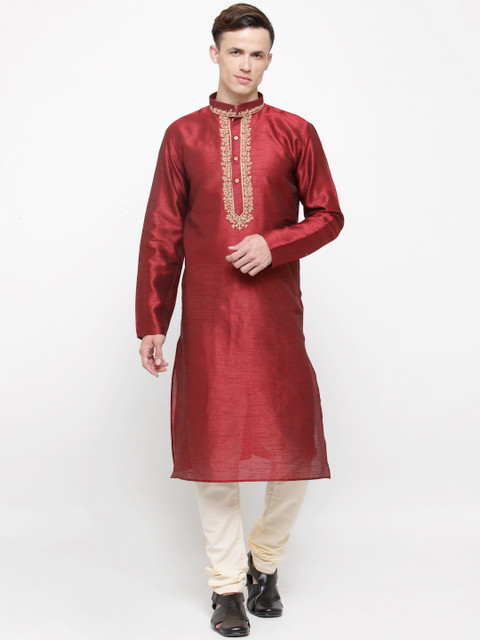 

RG DESIGNERS Men Maroon & Cream-Coloured Embroidered Kurta with Pyjama