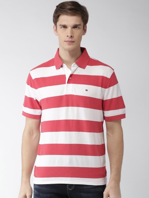 

Tommy Hilfiger Men White & Pink Striped Polo T-shirt