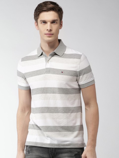 

Tommy Hilfiger Men White and Grey Striped Slim Fit Polo Collar T-shirt
