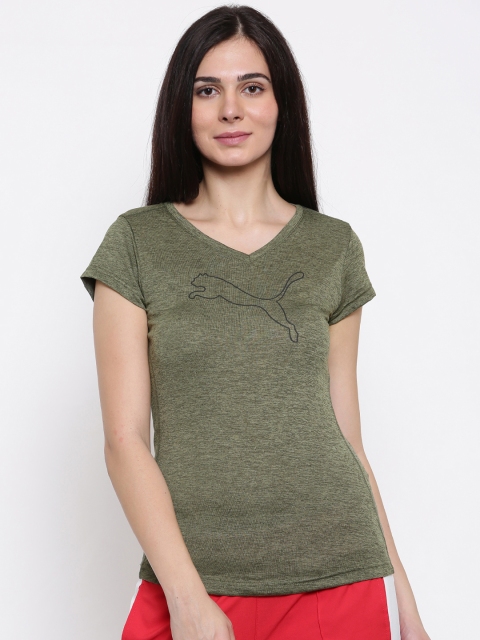 

Puma Women Olive Green Solid Round Neck Heather Cat T-shirt