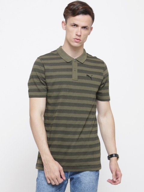 

Puma Men Olive Green Black Striped Polo Collar Sports Pure Cotton T-shirt
