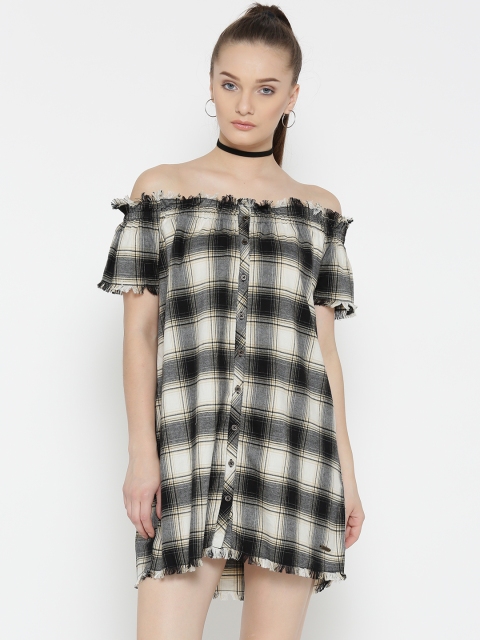 

Roadster Women Off-White & Black Checked Off-Shoulder Shift Dress