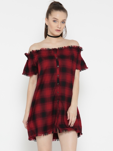 

Roadster Women Red & Black Checked Off-Shoulder Shift Dress