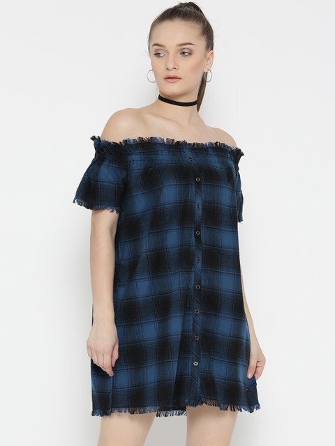 

Roadster Women Blue & Black Checked Off-Shoulder Shift Dress