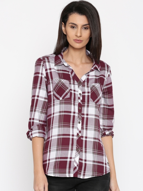 

Roadster Women Burgundy & White Slim Fit Checked Casual Shirt
