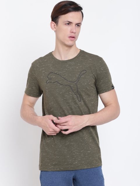 

Olive Green Brand Cat Logo Printed Round Neck T-Shirt