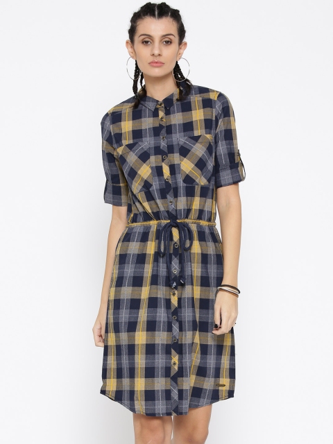 

Roadster Women Navy & Yellow Checked Shirt Dress, Navy blue