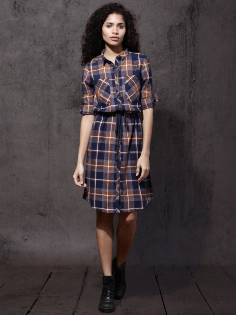 

Roadster Women Navy Blue & Rust Brown Checked Shirt Dress