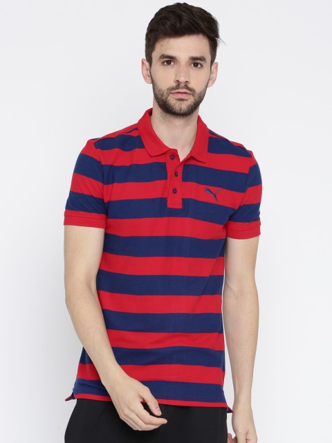 

Puma Men Blue & Red Striped Slim Fit Polo ESS Striped Pique T-shirt
