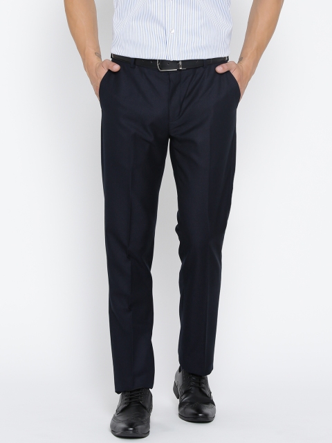 

Blackberrys Men Navy Sharp Fit Self-Checked Formal Trousers, Navy blue