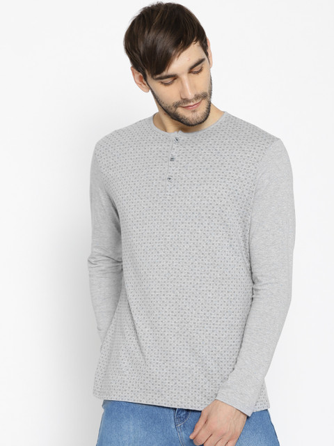 

Blackberrys Men Grey Melange Printed Henley Neck T-shirt