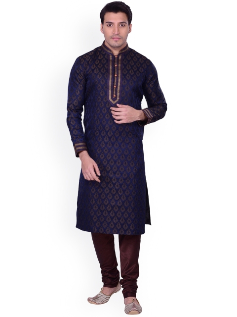 

Manyavar Men Navy Blue & Brown Self Design Kurta with Churidar