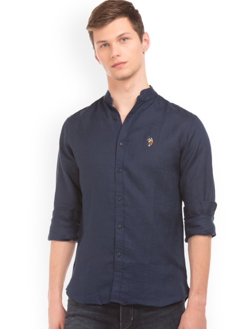 

U.S. Polo Assn. Denim Co. Men Navy Blue Slim Fit Solid Linen Casual Shirt