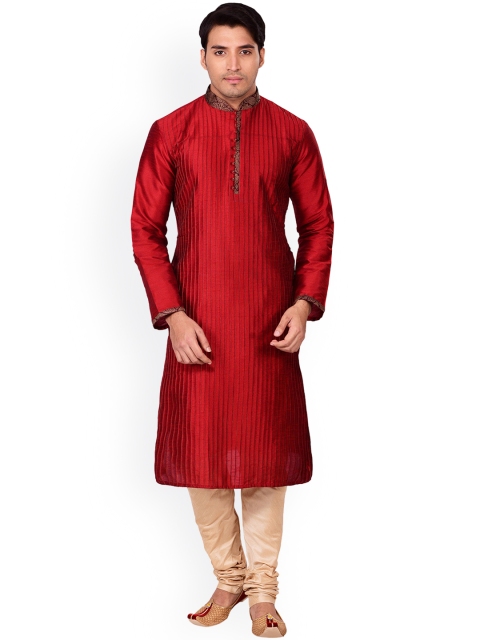 

Manyavar Men Red & Beige Striped Kurta with Churidar
