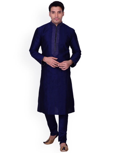 

Manyavar Men Navy Blue Striped Kurta with Churidar