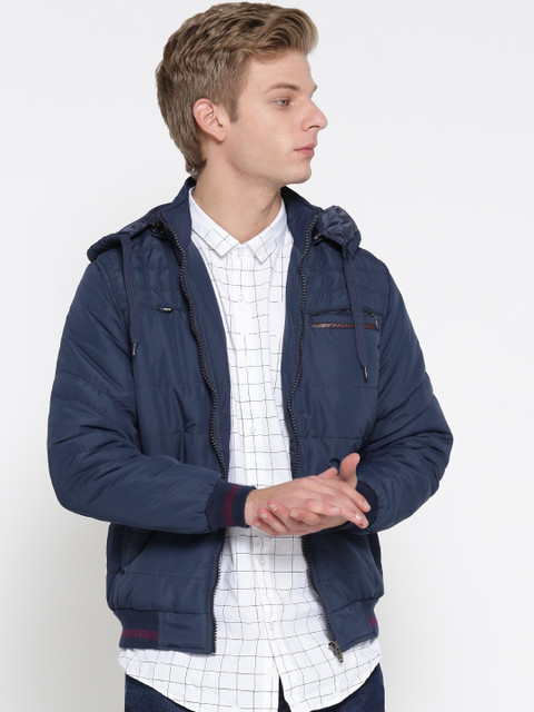 

Fort Collins Men Navy Solid Bomber Jacket with Detachable Hood, Navy blue