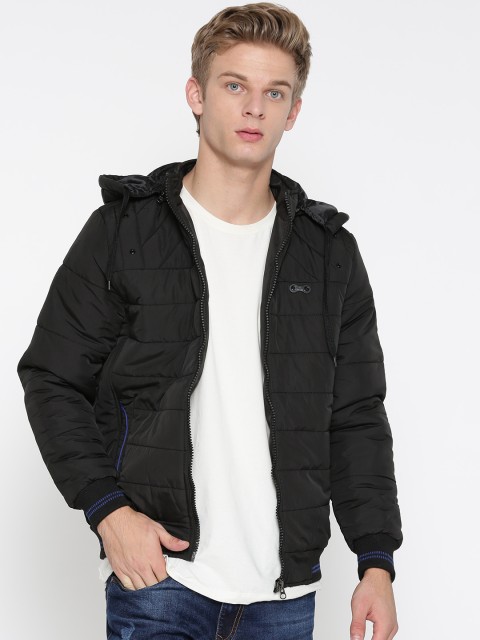 

Fort Collins Men Black Solid Hooded Bomber Jacket