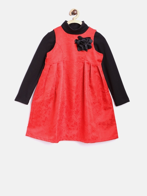 

Nauti Nati Girls Red Floral Self Design A-Line Dress with T-shirt