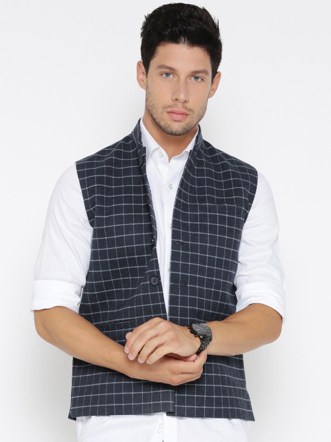 

Fort Collins Men Navy Checked Nehru Jacket, Navy blue